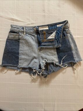 PacSun Two-Tone Frayed Patchwork Denim Shorts - Light & Dark Blue